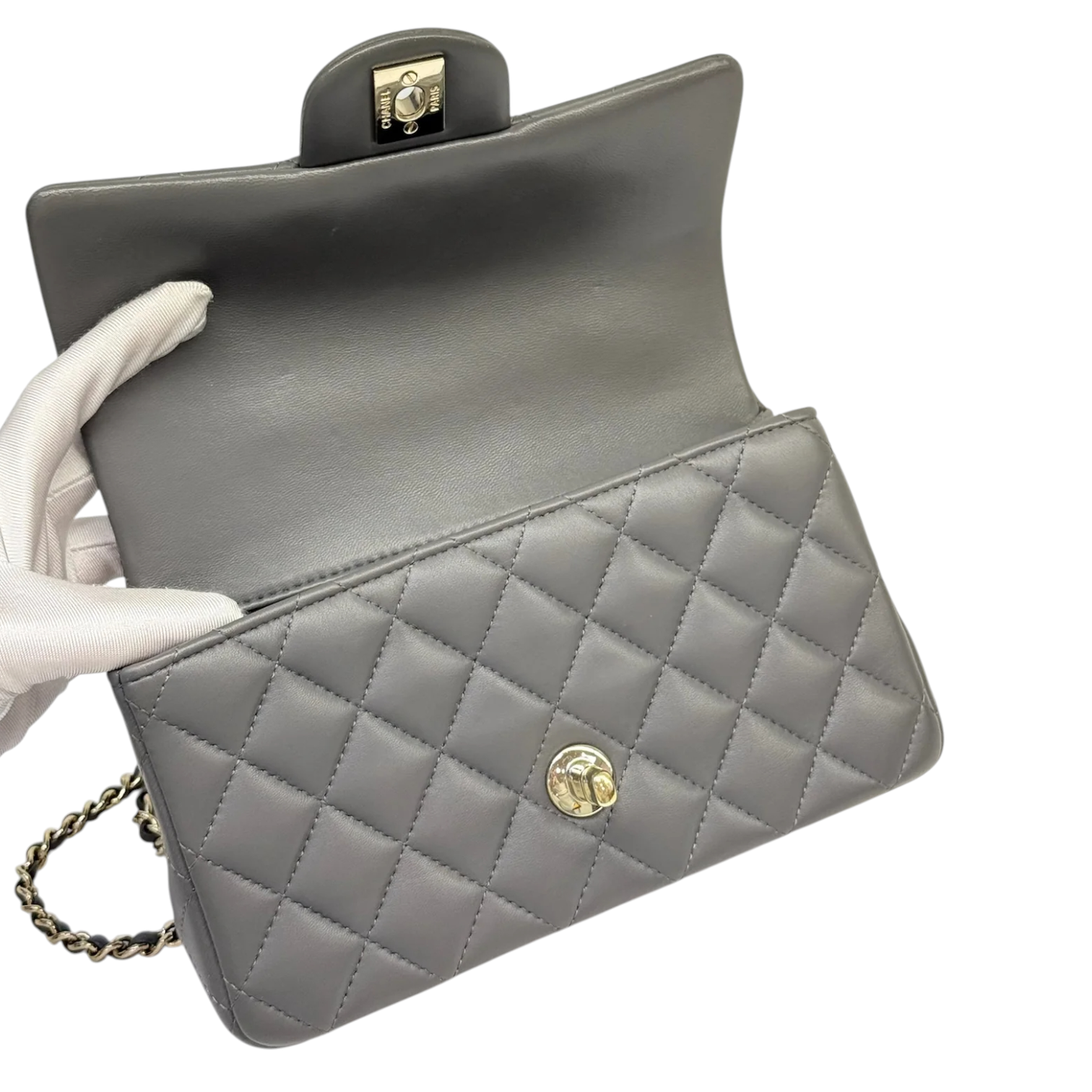 Chanel Top Handle Rectangular Flap Mini Lambskin Grey GHW – Bag