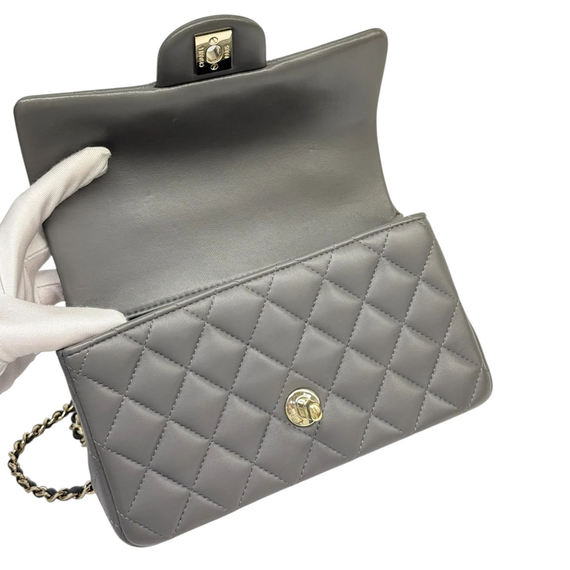 Top Handle Rectangular Flap Mini Lambskin Grey GHW