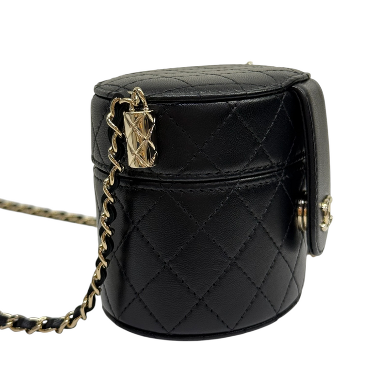 Round Vanity Case With Chain Lambskin Black GHW