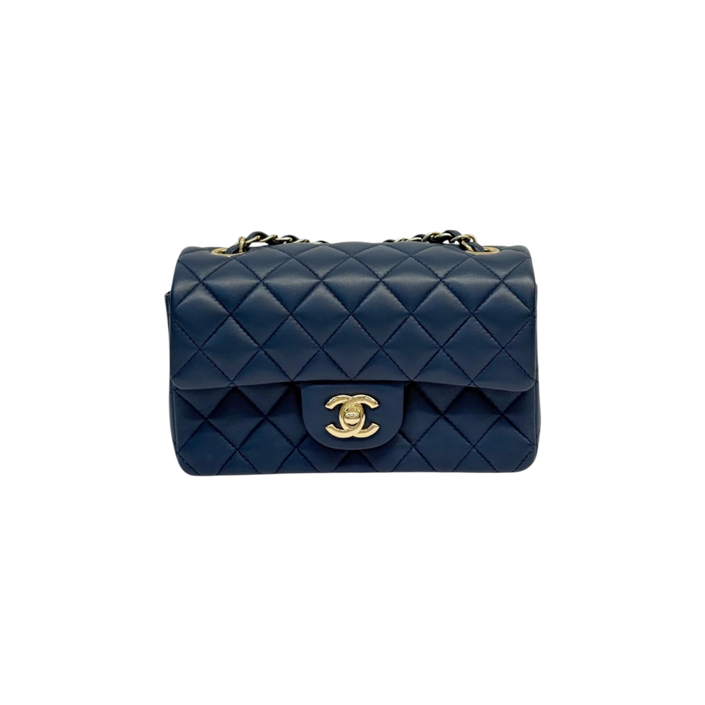 Rectangular Flap Mini Lambskin Quilted Blue LGHW