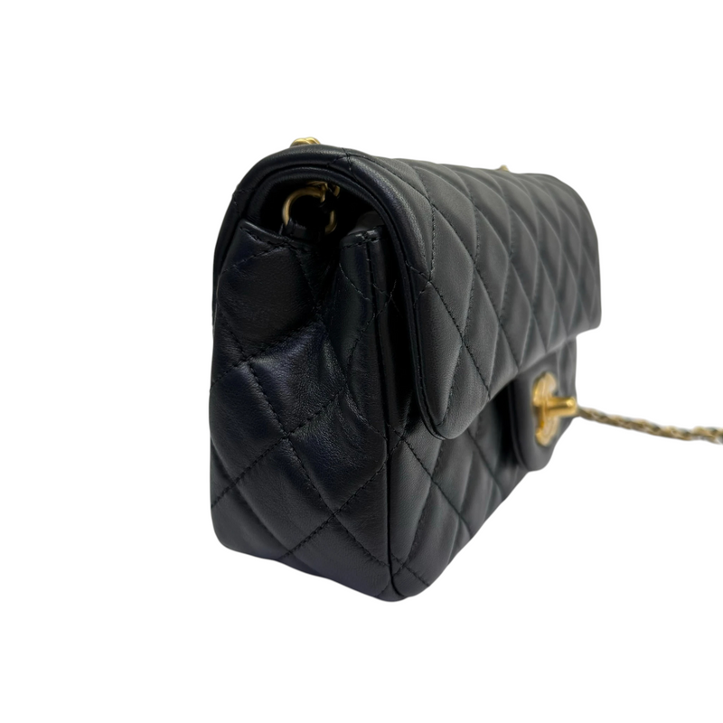 Rectangular Pearl Crush Flap Lambskin Quilted Black GHW