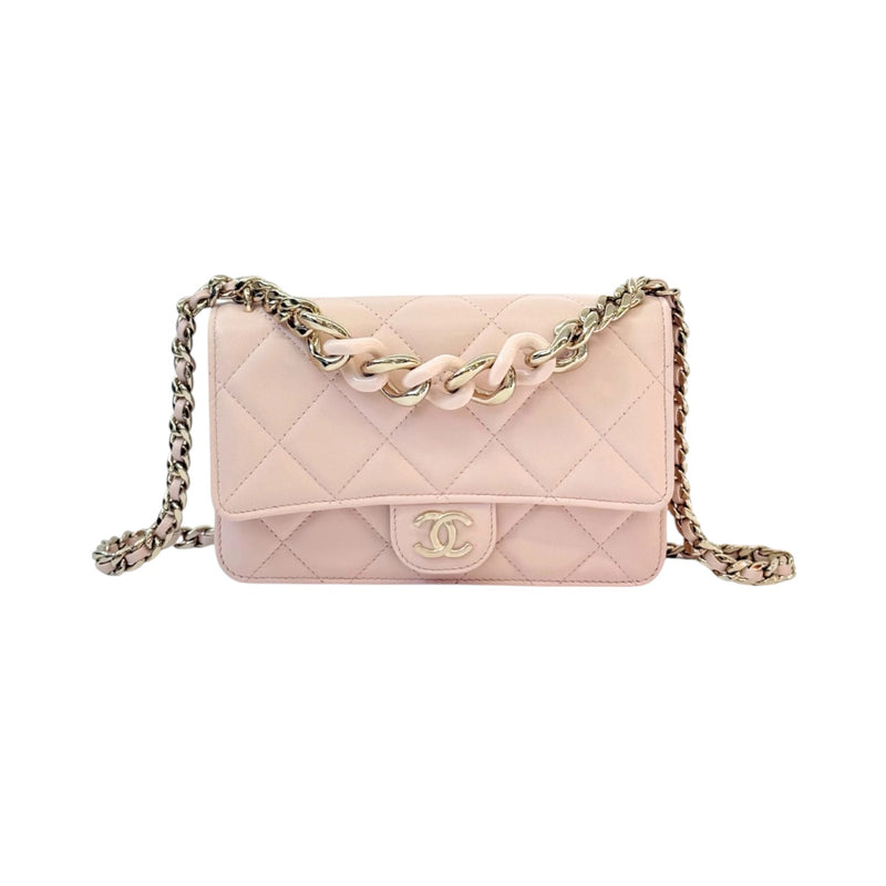Wallet On Chain WOC Lambskin Plexi Quilted Pink GHW