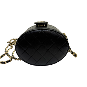 Round Vanity Case With Chain Lambskin Black GHW