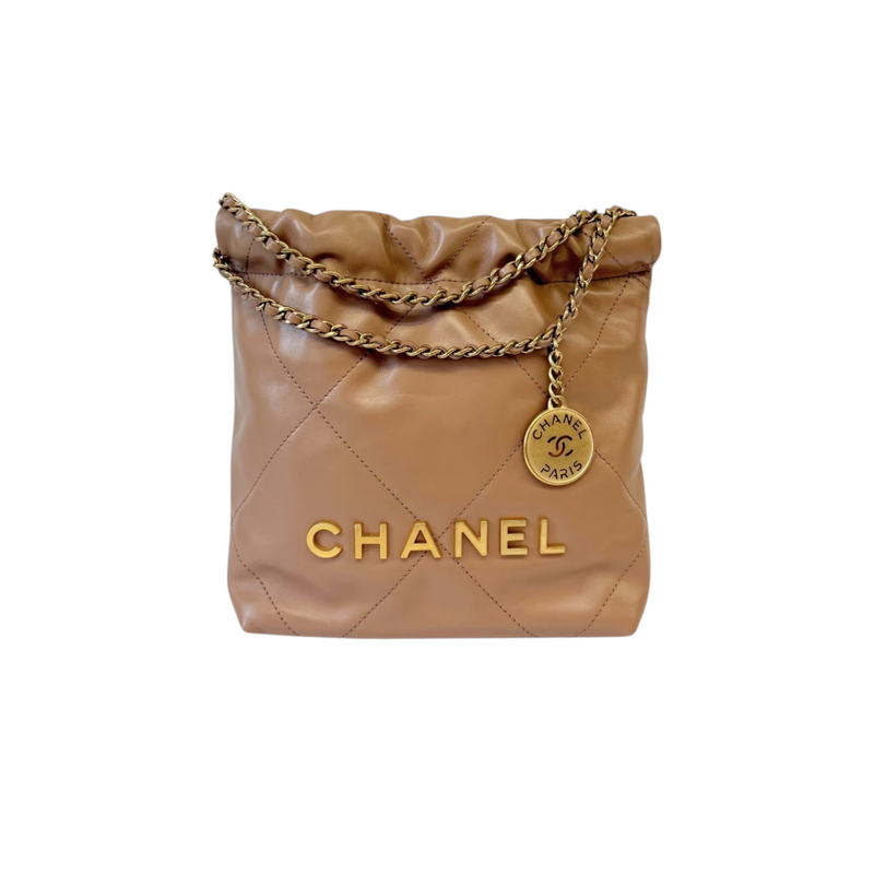 22 Mini Shiny Calfskin Quilted Beige GHW