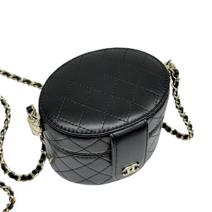 Round Vanity Case With Chain Lambskin Black GHW