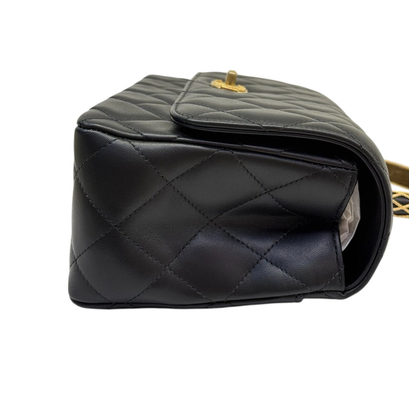 Chain Top Handle Flap Lambskin Quilted Black GHW