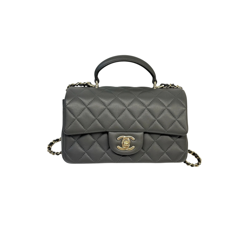 Top Handle Rectangular Flap Mini Lambskin Grey GHW