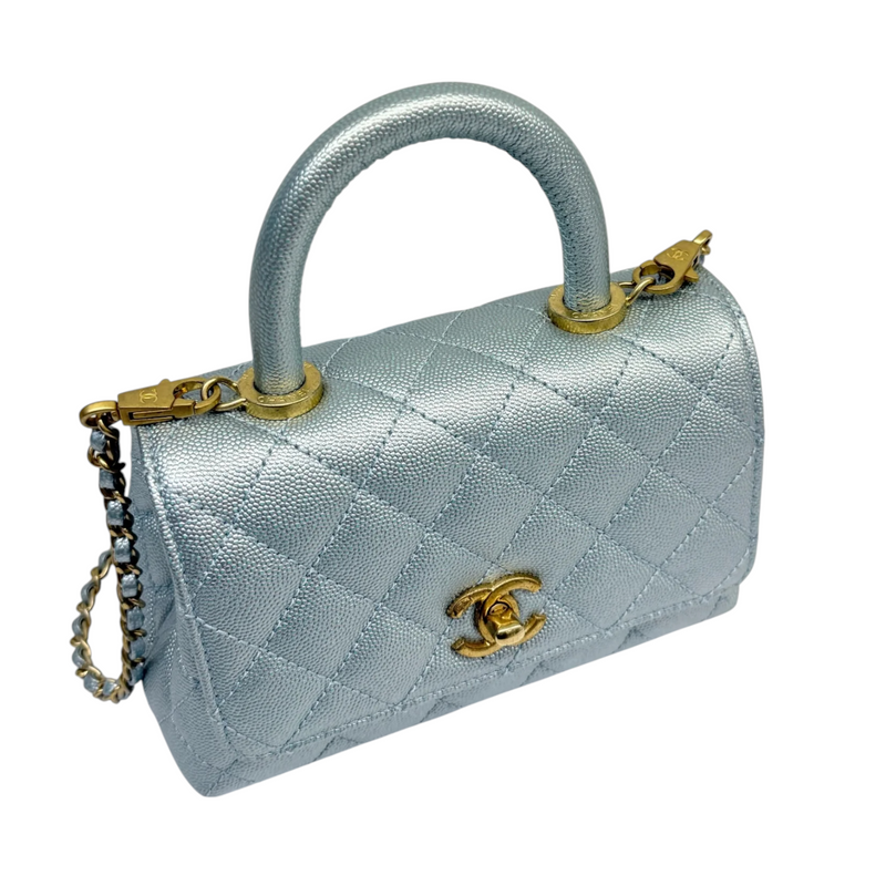 Coco Handle Flap Extra Mini Iridescent Caviar Light Blue GHW