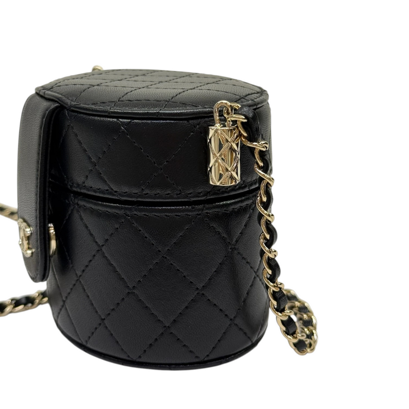 Round Vanity Case With Chain Lambskin Black GHW
