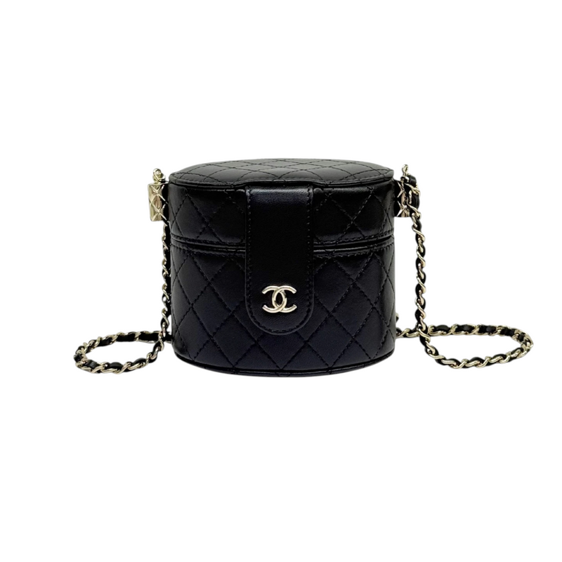 Round Vanity Case With Chain Lambskin Black GHW