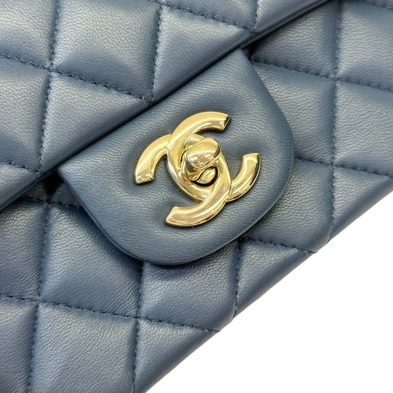 Rectangular Flap Mini Lambskin Quilted Blue LGHW