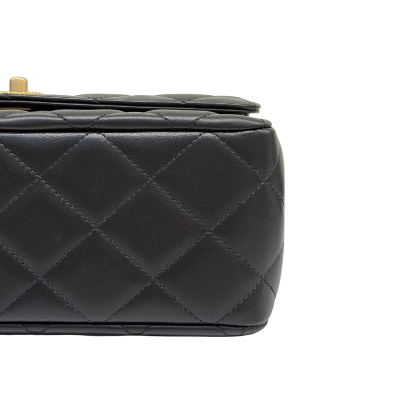 Chain Top Handle Flap Lambskin Quilted Black GHW