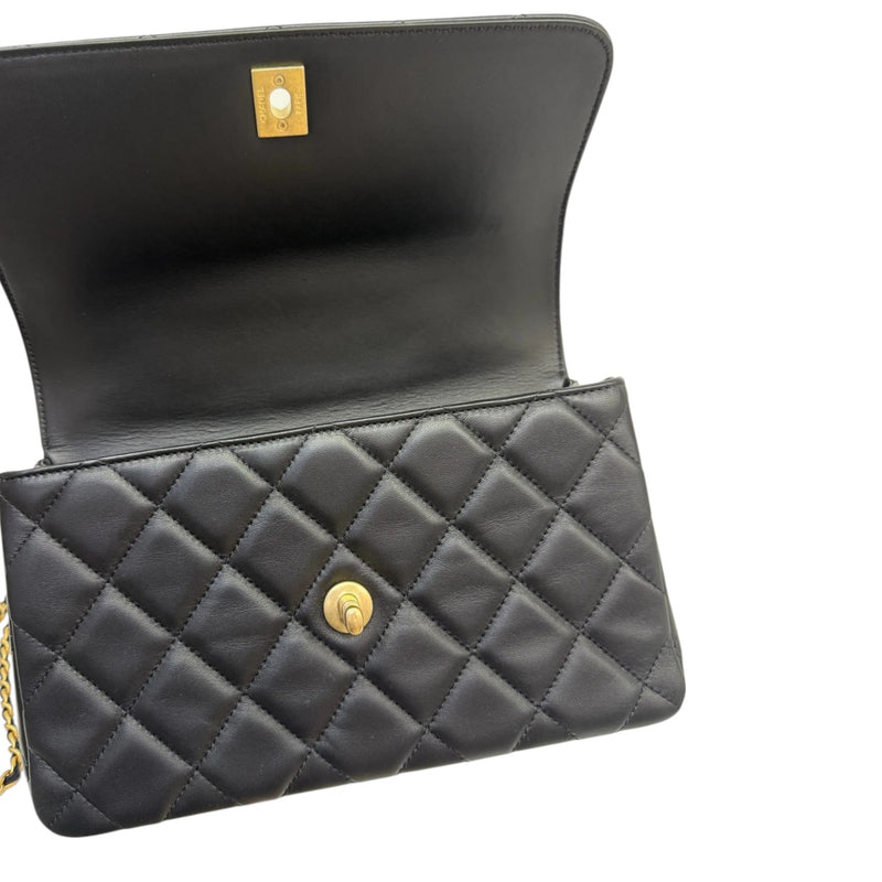 Chain Top Handle Flap Lambskin Quilted Black GHW