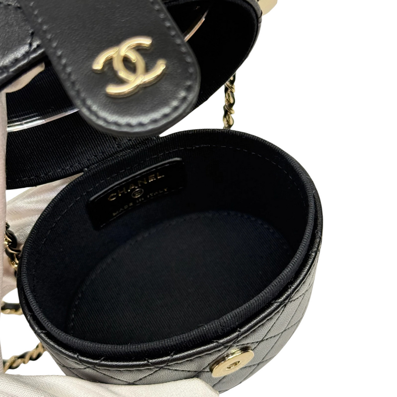 Round Vanity Case With Chain Lambskin Black GHW