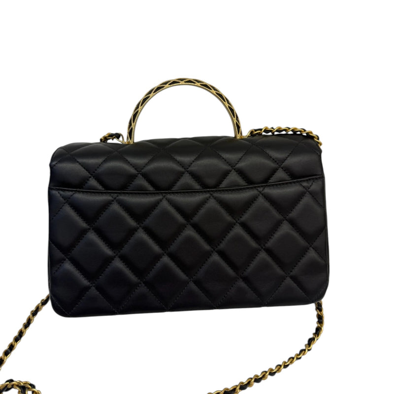 Chain Top Handle Flap Lambskin Quilted Black GHW