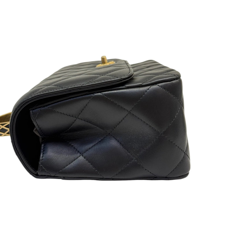 Chain Top Handle Flap Lambskin Quilted Black GHW