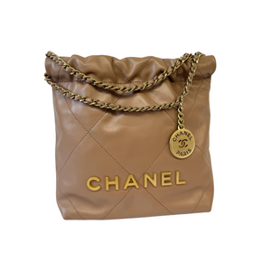 22 Mini Shiny Calfskin Quilted Beige GHW