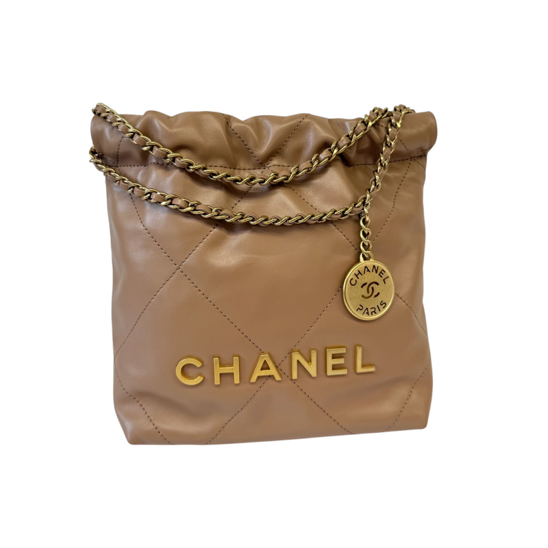 22 Mini Shiny Calfskin Quilted Beige GHW