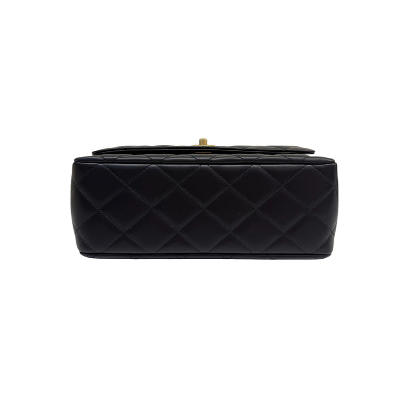 Chain Top Handle Flap Lambskin Quilted Black GHW