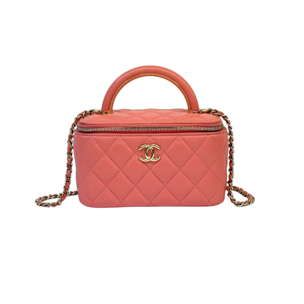 Top Handle Vanity Case With Chain Small Lambskin Pink GHW