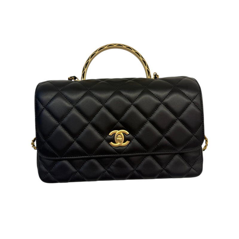 Chain Top Handle Flap Lambskin Quilted Black GHW