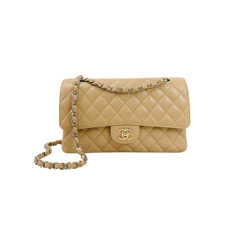 Caviar Quilted Medium Double Flap Beige GHW