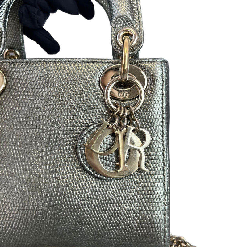 Christian Dior Mini Lady Dior 17cm Bag with Diamond Charms Lizard Skin  Silver Hardware, White - SYMode Vip