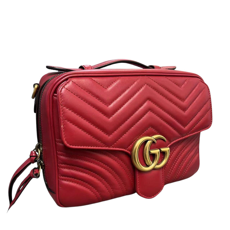 Medium GG Marmont Matelasse Chevron Top Handle Red GHW