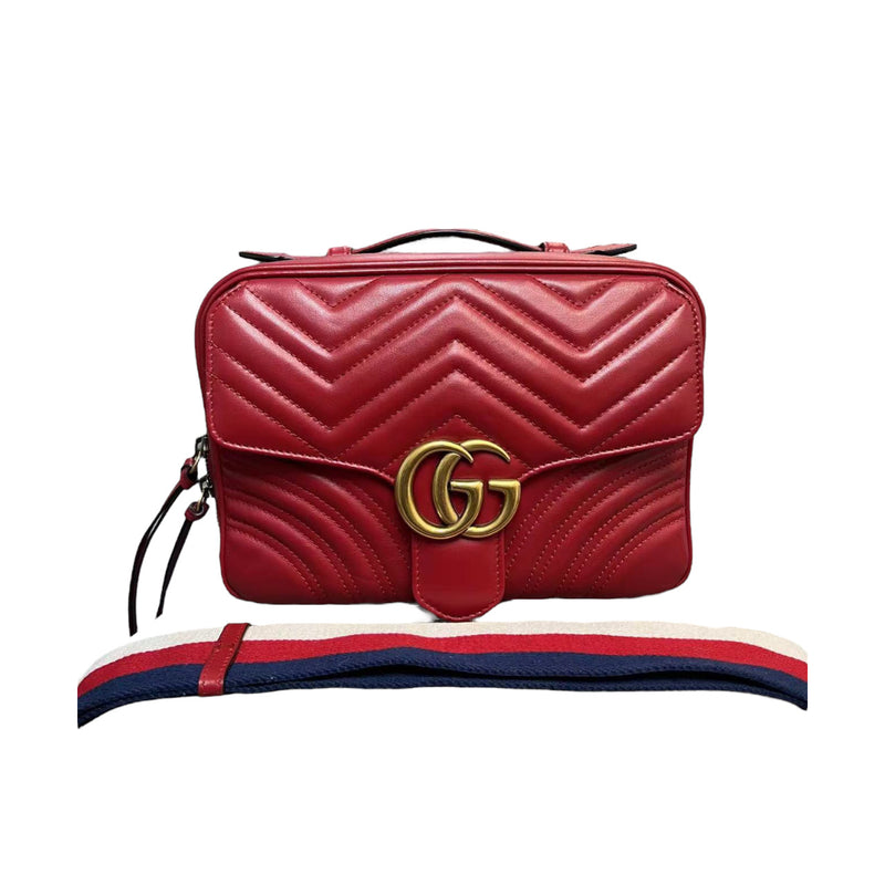 Medium GG Marmont Matelasse Chevron Top Handle Red GHW