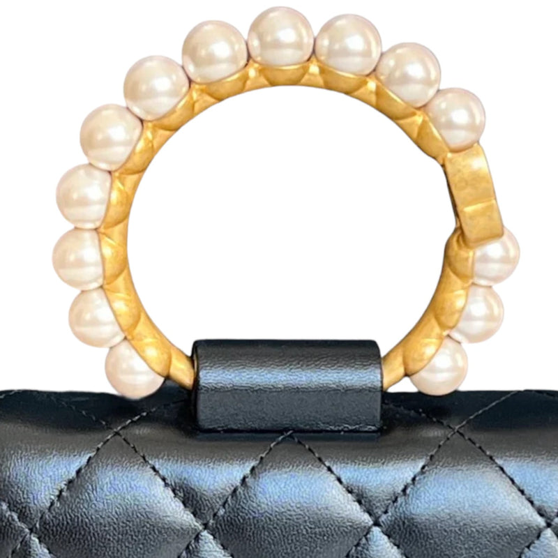 Pearl Bracelet Clutch with Chain Lambskin Black GHW