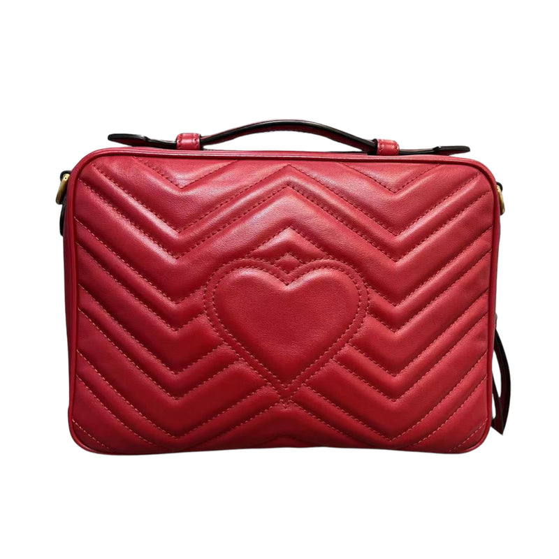 Medium GG Marmont Matelasse Chevron Top Handle Red GHW