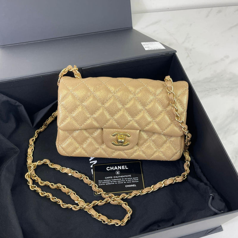 Chanel Classic Mini Rectangular 15C Pearly Gold Quilted Caviar with brushed gold  hardware - VLuxeStyle