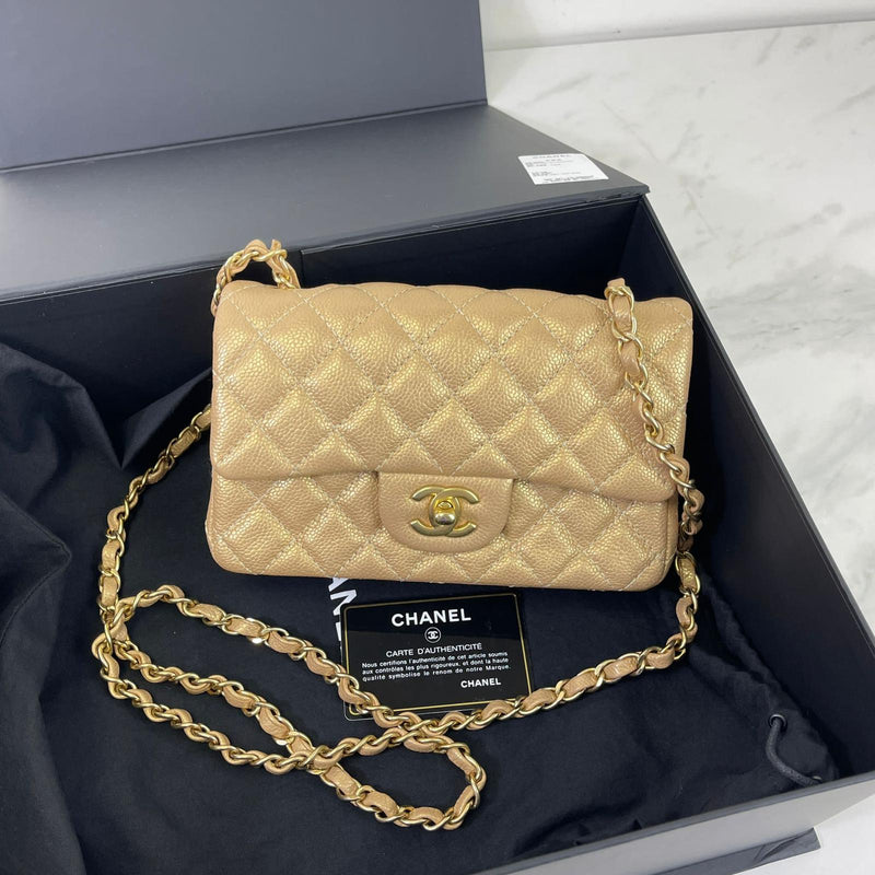 Chanel Classic Mini Rectangular Flap 15C Pearly Gold Quilted Caviar Aged  Gold Hardware