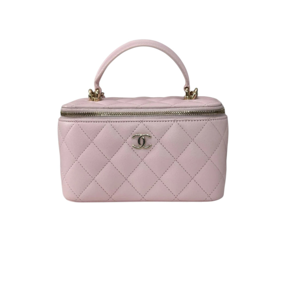 Top Handle Vanity Case With Chain Small Lambskin Light Pink GHW