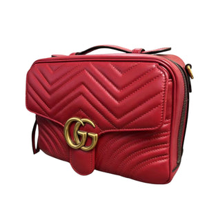 Medium GG Marmont Matelasse Chevron Top Handle Red GHW