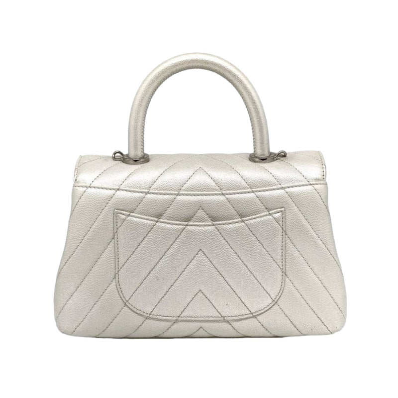 Coco Handle Flap Mini Caviar Chevron Quilted White SHW