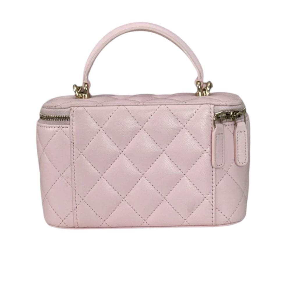 Top Handle Vanity Case With Chain Small Lambskin Light Pink GHW