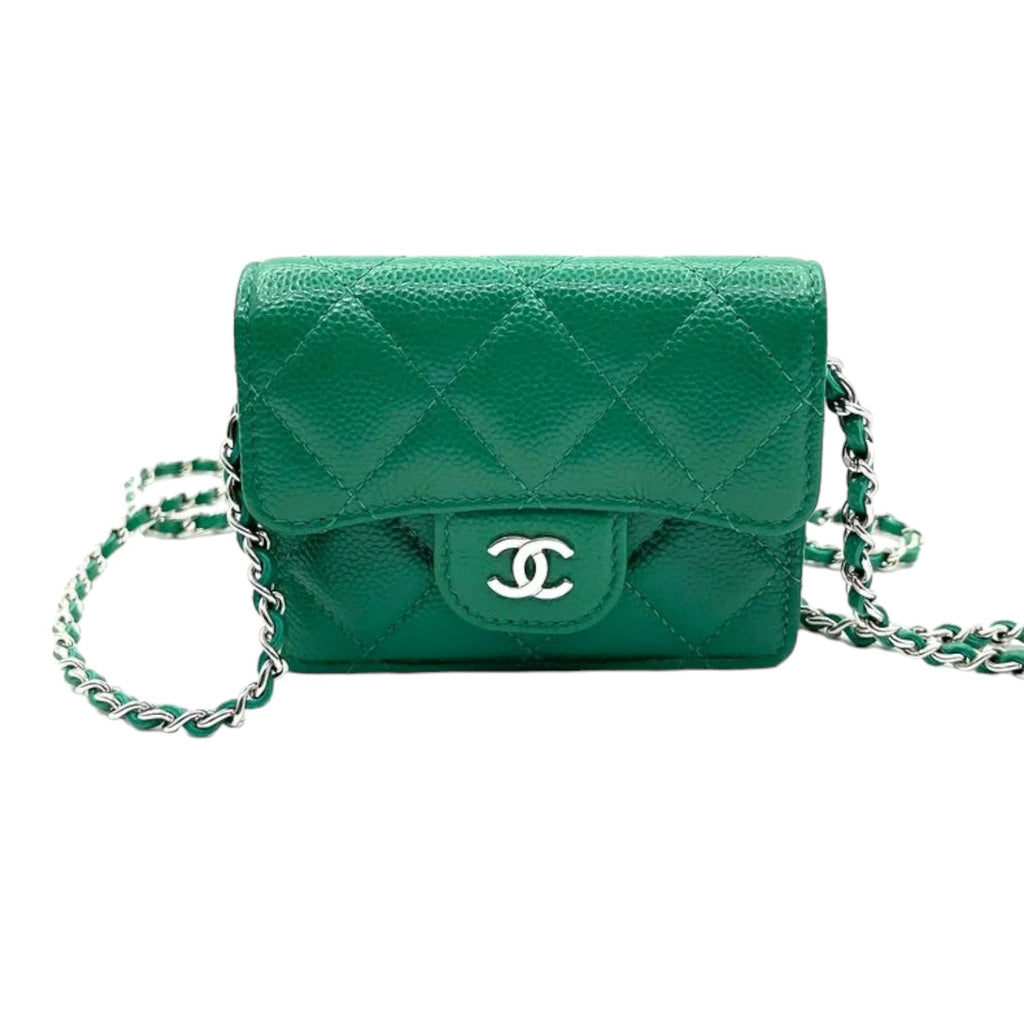 Flap Card Holder On Chain Caviar Quilted Green SHW