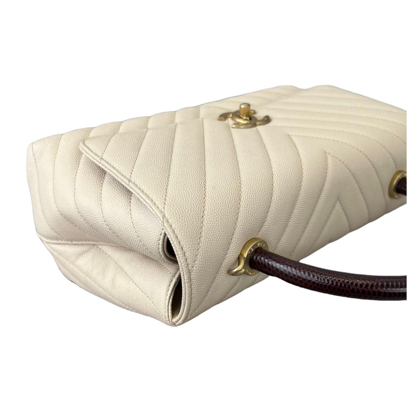 Coco Handle Medium Chevron Flap Bag White GHW