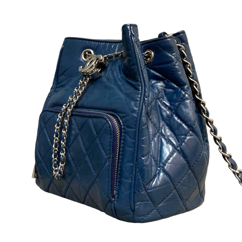 Drawstring Bag Small Aged Calfskin Quilted Blue SHW