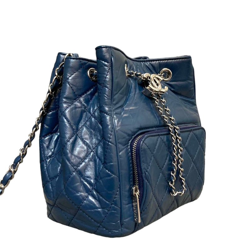 Drawstring Bag Small Aged Calfskin Quilted Blue SHW