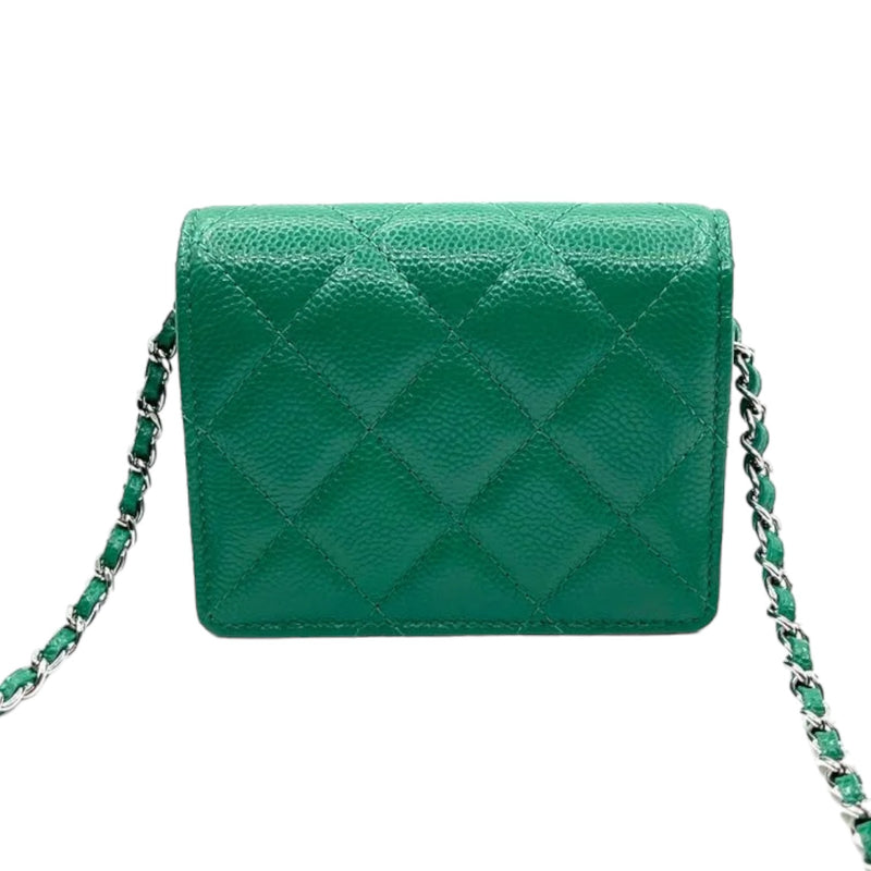 Flap Card Holder On Chain Caviar Quilted Green SHW