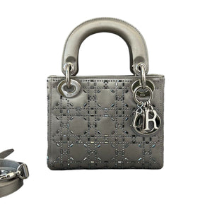 Mini Lady Dior Satin Crystal Cannage Grey SHW