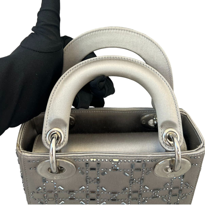 Mini Lady Dior Satin Crystal Cannage Grey SHW