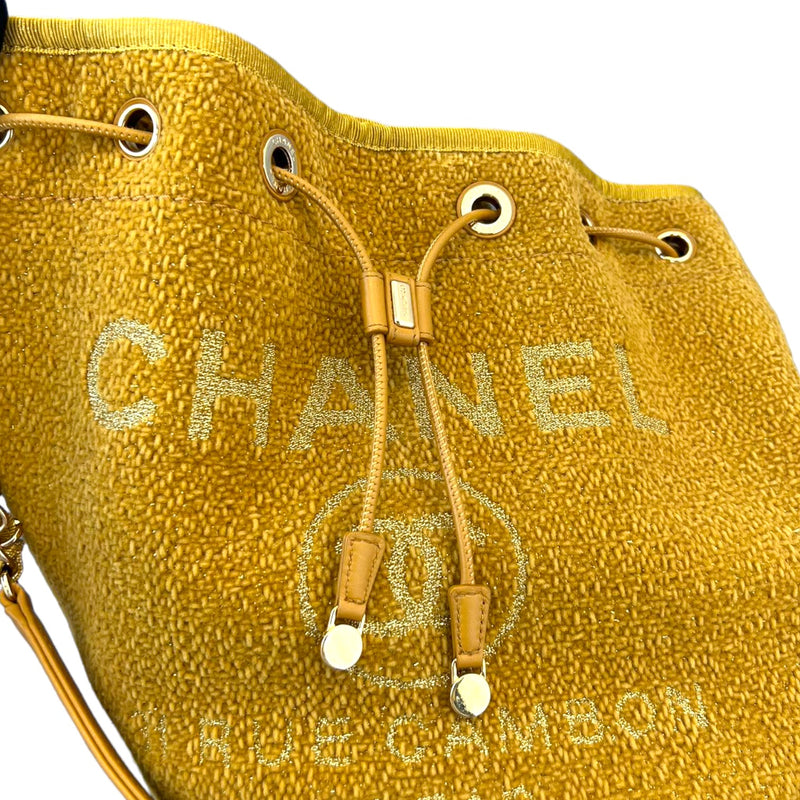 Deauville Drawstring Bucket Striped Canvas Yellow GHW