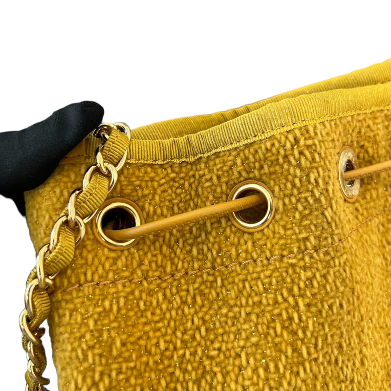 Deauville Drawstring Bucket Striped Canvas Yellow GHW
