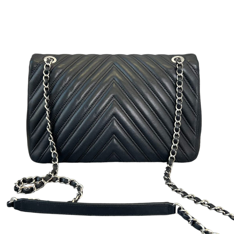 Single Flap Double Stitch Lambskin Chevron Black SHW