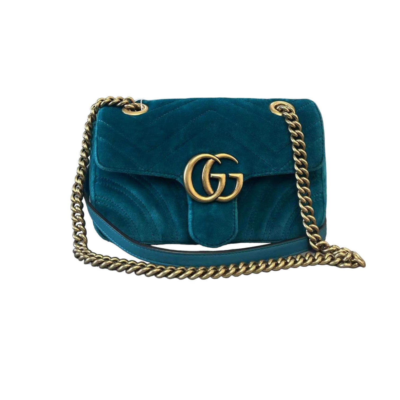 Gucci GG Marmont Mini Velvet Matelasse Shoulder Teal GHW – Bag