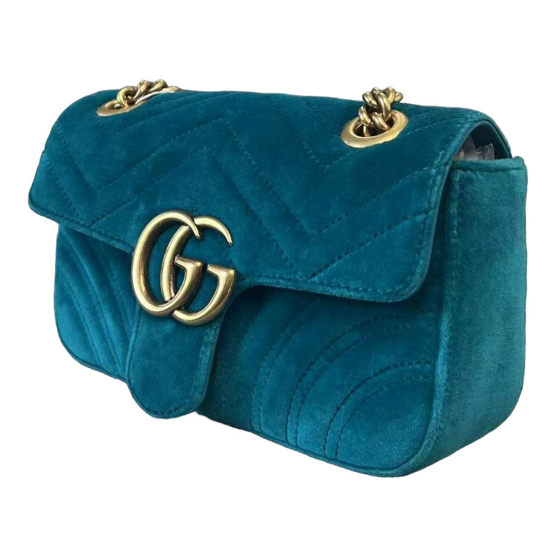 GG Marmont Mini Velvet Matelasse Shoulder Teal GHW