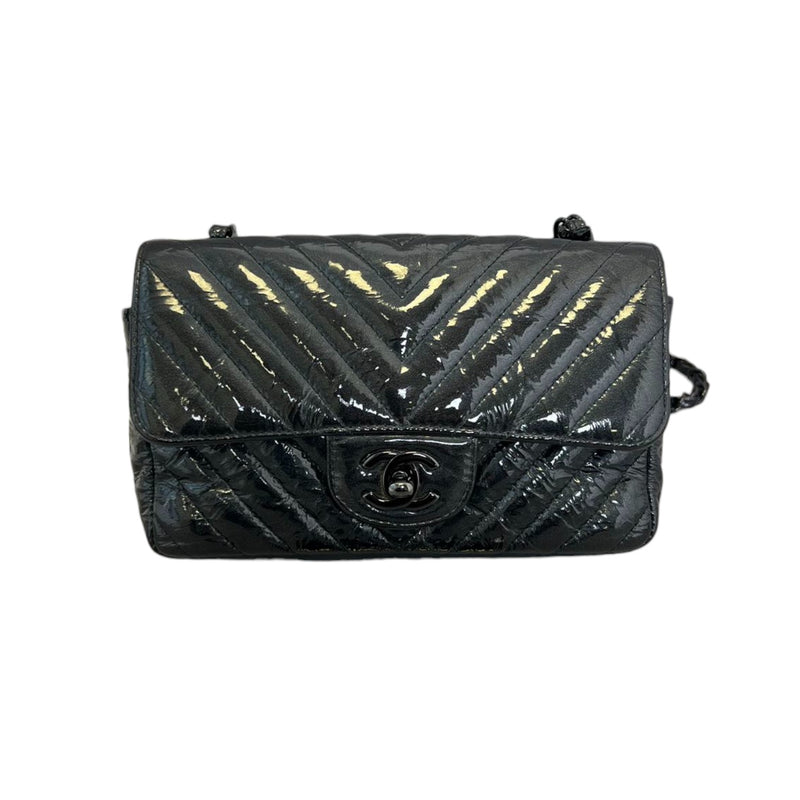 Rectangular Flap Mini Patent Metallic Calfskin Chevron Black BHW